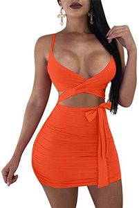 GOBLES Women's Sexy Bodycon Spaghetti Strap Ruched Lace Up Mini Club Dress Orange