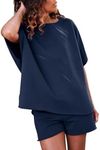 SHEWIN Lounge Sets for Women Short Sleeve Spring Tops Casual 2 Two Piece PJ Sets Oversized Matching Sets Summer Outfits for Women 2025, Navy Blue, M