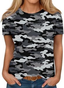 Generic Women's Summer T-Shirt T Shirts for Women Womens Camo Graphic T-Shirts Teen Girls Cute Print Trendy Clothes Casual Tee Tops Oversized Loose Tunic Short Sleeve Shirts for Women Black L