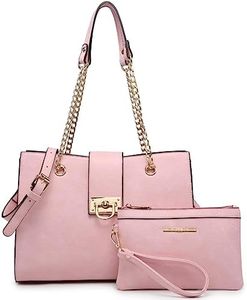 Dasein Women Fashion Tote Bags Handbag Purse Chain Shoulder Bag Top Handle Bag Hobo With Matching Clutch (Pink)