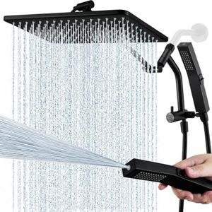 G-Promise All Metal 14 Inches Rain Shower Head with Handheld Built-in Power Wash Mode, 3-way Shower Diverter with Pause Setting, 11 Inches Adjustable Extension Arm, Long Hose (Matte Black, 14 Inches)