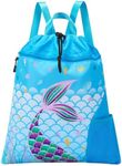 WAWSAM Mermaid Gym Drawstring Backpack - 15” × 17” Sports Gym Bag for Girls Kids Waterproof Swimming Beach Sackpack Birthday Christmas Gift with Zippered Pocket and Water Bottle Pocket