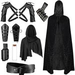 PLULON 9Pcs Halloween Renaissance Medieval Knight Costume Men Viking Costume Hooded Cloak Retro Shawl PU Leather Belt Shoulder Armor Buckle Bracers Sword Frog Bottle Holder Cork Bottle Accessories