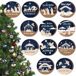 Soaoo 48 Pcs Nativity Scene Christmas Tree Ornaments Nativity Xmas Tree Hanging Decorations Wooden Nativity Ornaments Bulk Round Birth of Jesus Christian Ornaments for Christmas Tree Advent Decor