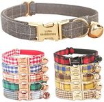 PETDURO Personalized Handmade Plaid Cat Collars with Bell & Name Engraved Metal Buckle Customized for Cute Girl and Boy Cats - Matching Bow Tie Available