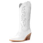 Platikly White Cowboy Boots for Women - Mid Calf Western Cowgirl Boots with Embroidery, Women's Country Boots, Pointed Toe Chunky Heel Pull On Retro Booties, Fashion Classic Short Boots for Ladies, Party and Outdoor US 8