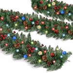 Christmas Decorations 8.2 FT Christmas Tree Garland with Lights, Pre-lit Outdoor Garland with Pine Cones and Red Berries Christmas Decor for Door Wall Window Staircase Fireplace Xmas Hanging Ornaments