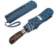 Balios Folding Umbrella Wood Handle Auto Open Close Vented Canopy Cypress Leaves Teal Blue