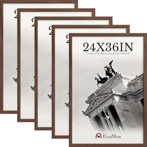 KissNow 24x36 Poster Frame 5 Pack, Brown Solid Wood Picture Frame for Wall