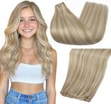 Full Shine Hand Tied Weft Hair Extensions Human Hair Genius Weft Extensions Color Ash Blonde Mix Golden Blonde Human Hair Extensions Sew In Hand Tied Extensions Soft Silky Hair 22 Inch 80G