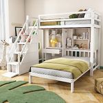 FEZTOY Children's Bunk Bed 2 Beds with Desk & Shelves, Loft Bed with 4 Stairs and Storage Space, Multifunctional Kid's Bed, 90 x 190 cm, White