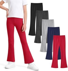 BOOPH 5 Pack Girls Flare Leggings High Waist Bell Bottom Pants Kids Cotton Casual Clothes for Teen Girl 9-10Y Black/Navy/Gray/Dark Gray/Red