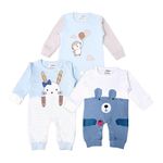 Kidbea 100% Organic Cotton Bodysuit | Romper | Sleepsuit | Jumpsuit for New-Born Baby Girls & Boys infants & Toddler, Color Blue Bear & Sky Blue Penguin, Kitty Printed Combo Of 3 Size 3-6M