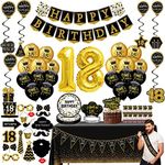 18th birthday decorations for boys girls - (76pack) black gold party Banner, Pennant, Hanging Swirl, birthday balloons, Tablecloths, cupcake Topper, Crown, plates, Photo Props, Birthday Sash for men gift