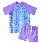 ZNYUNE 3 to 12 Years Girls Two Pieces Swimsuits UPF 50 Beachwear Top Shorts with Drawstring Summer Swimwears Pool Party Bathing Wetsuits Blue Pink Cute Pattern Swim Sets S366 ScalePurple 14A