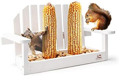 Solution4Patio White Bench Chair Chipmunk & Squirrel Feeder, Mesh Bottom, 2 Corn Cob Holders, Peanut or Acorn Loader, Solid Pine Wood, 13 in. L x 5.1 in. W x 8.3 in. H, Funny Gift & Deco, #B103A02