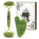 PLAYMONT Jade Roller, Face Roller Gua Sha Scraping Massage Tool, Natural Jade Facial Roller,Anti Aging Roller Facial Massager with Gua Sha Scraping Massage Tool Set for Neck Skin,Puffiness Facial,Cheeks Slimmer,Skin Tightening