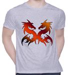 CreativiT Graphic Printed T-Shirt for Unisex Twin Dragons Tshirt | Casual Half Sleeve Round Neck T-Shirt | 100% Cotton | D00207-51_Grey_Small