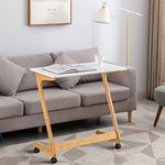 Nnewvante TV Tray Table with Wheels Sofa Side Table with Casters Couch Laptop Desk End Table Snack Tray for Living Room Bedroom Small Spaces White Bamboo Large 29.5'' x 15.8''