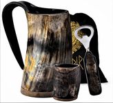 Fenrir Premium Viking Natural Drinking Horn Mug Authentic Food Grade with Short Glass and Bottle Opener for Ale Beer Cold Drink (16-oz 3 Pieces Set Size-6.5 Inch)