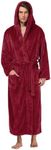 Men's Plush Hooded Bathrobe Winter Warm Fleece Robes Soft Flannel Long Robes with Pockets, Full Length, Wine Red, Large-X-Large