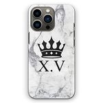 Personalised Initials Phone Case For Apple iPhones, 15, 14,13, 12, 11, Pro Max, Mini, XR, SE King Queen Crown Monogram on Grey Marble Hard Phone Cover, Marble Phone Case