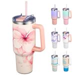 THILY 40 oz Vacuum Insulated Tumbler with Handle - Stainless Steel Coffee Travel Mug with Lid and Straws, Cupholder Friendly, Keep Drinks Cold for 34 Hours or Hot for 12 Hours, Cherry Blossoms