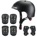 CELOID Kids Helmet Pad Set,Adjustable Kids Skateboard Bike Helmet Knee & Elbow Pads Wrist Guards 10-14-16 Years Kids,Protective Gear Set for Girls Boys Bicycle Roller Scooter Sport,Black