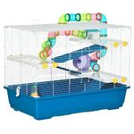 PawHut 31" Large Hamster Cage, Small Animal House, Multi-Storey Gerbil Haven, Tunnel Tube System, with Water Bottle, Exercise Wheel, Food Dish, Ramps, Blue