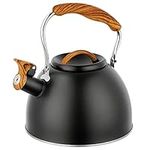 Stove Top Kettle, 3L Whistling Kettle, Stainless Steel Kitchen Teapot with Wood Handle, Whistling Tea Kettle for Gas Hob, Stovetop Kettle with Tall Whistle for Induction and Electric Hobs