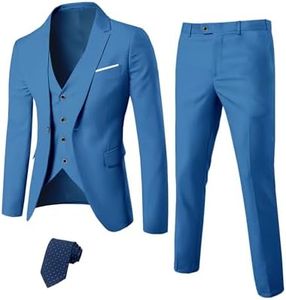 YND Men's Slim Fit 3 Piece Suit Set with Stretch Fabric, One Button Blazer Vest Pants, Solid Party Wedding Dress, Jacket Waistcoat and Trousers with Tie Light Blue