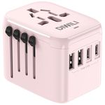 DIWILI Universal International Power Travel Plug Adapter, 5 in 1 European Travel Plug Adapter with 4 AC Outlets and 3A 4 USB Ports Wall Charger, Worldwide AC Outlet for Europe USA UK AU Asia(Pink)