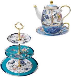 ACMLIFE Tea Sets for Adults Tea for One Gift Teapot and Cup Set, 3 Tiers Cake Stand, Cupcake Stand with Blue Dessert Platters