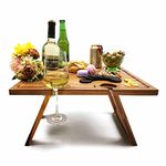 SASIDO Portable Wine Picnic Table Foldable, Valentine's Wine Gifts, Acacia Wood, Charcuterie Board Tray, Bed Tray, Decor for Romantic Dinners, Beach, Camping, Concerts at Park, Glamping