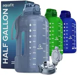 AQUAFIT 64 oz Water Bottle with Time Marker, BPA Free Half Gallon Water Bottle with Straw, Gym Water Bottle with Handle, Gallon Water Jug, Big Water Bottle, Large Water Bottle (Marine, 64oz 2in1 Lid)