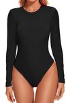 WNEEDU Womens Crew Neck Long Sleeve Bodysuit Ribbed Basic T Shirts Tops, Black XS