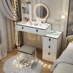 Dressing Table with Mirror and Stool, Vanity Table Set with 3 Color Detachable LED Mirror, 5 Drawer 2 Shelves, Side Cabinet and Charging Station, Bedroom Makeup Desk for Women Girls