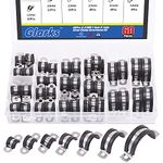 Glarks 60Pcs 8-32MM 2 Hole U-Tube Strap Clamp Set 304 Stainless Steel Rubber Cushion Rigid Pipe Strap U Bracket Tube Strap Assortment Kit For Pipe Tube Fixing (8-32mm Strap Clamp Set)