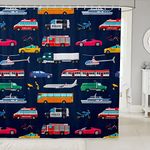 Boys Police Car Shower Curtain School Bus Bath Curtain 72"Wx72"L,Fire Truck Emergency Rescue Vehicles Helicopter Bathtubs Shower Curtain Set Police Tow Truck Bathroom Decor for Child Kids