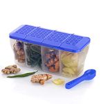 Stewit 4 section container storage for vegetables,dryfruits,spices,grocery,pickles, multipurpose 4 in 1 box for Home & Storage Containers Airtight,Cereal 1800 ML with 4 Spoons, Plastic (Blue)