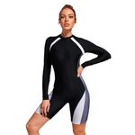 Women's One Piece Swimsuit Rash Guard Long Sleeve Swimming Suits Front Zipper Bathing Suit with Boyleg Bottom, 1, L