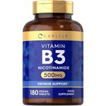 Vitamin B3 Nicotinamide 500mg | 180 Vegan Tablets | High Strength Niacin as Nicotinamide | Suitable for Vegetarians and Vegans | No Artificial Preservatives | by Carlyle