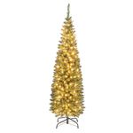 COSTWAY 5FT/6FT Pre-Lit Artificial Christmas Tree, Slim Pencil Xmas Tree with 320/420 Branch Tips, 150/180 Warm-White LED Lights and Foldable Metal Stand, Indoor Festive Holiday Party Decor(5FT)