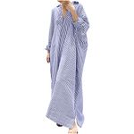 Striped Maxi Dresses for Women Cotton Linen Shirt Dress Italian Kaftan Long Dress Button Down Oversized Beach Dresses Summer Loose Casual Holiday Dresses Lapel Long Sleeve Tunic Dresses Sky Blue