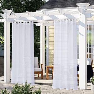 LORDTEX Burlap Linen Look Outdoor Curtain for Patio - 2 Panels Waterproof Tab Top Sheer Curtains for Pergola, Porch, Cabana and Gazebo Indoor/Outdoor Voile Sheer Drapes, 52 x 84 Inch, White