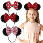 Minnie Ears Headbands, 3PCS Shiny Sequin Bow - Elastic and Adjustable Headband Headache Free - Mouse Ears For Girls Glitter Minnie Ears for Women