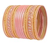 Touchstone "Colorful 2 Dozen Bangle Collection Indian Bollywood Alloy Metal Textured Baby Pink Designer Jewelry Bangle Bracelets Set of 24 in Antique Gold Tone for Women