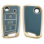 kwmobile Key Cover Compatible with VW Golf 7 MK7 3 Button Car Key - Car Key Fob Case Protector - Blue/Gold