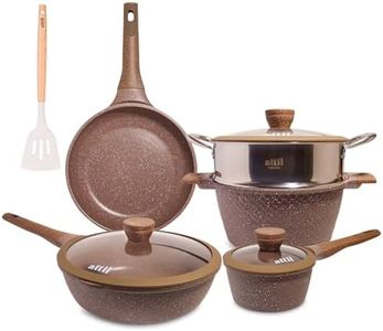 ATTIL - Aluminium - Non Stick 9 Pcs Cookware Set - Induction Cookware Set of 4 (Frying Pan 24Cm, Wok Pan 28Cm, Handi & Steamer 24Cm and Sauce Pan 16Cm) - Non Stick Cooking Set - Granite Brown