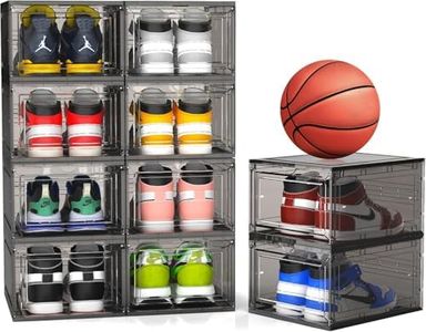10 Pack Shoe Storage Box Large Clear Plastic Shoe Organizer for Closet Stackable Sturdy Shoe Rack Containers with Magnetic Door for Sneaker Storage Easy to Assemble Fit up US Size 12 (Black)